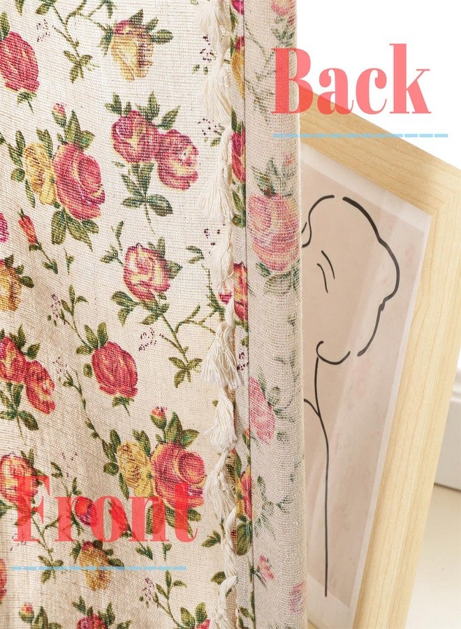 Moslovstar 2 Panels Linen Tassels Curtains Farmhouse Red Rose Flower Vintage Semi Sheer Window Curtain for Kitchen Bathroom, 26x36in Tiers Curtain - Image 3